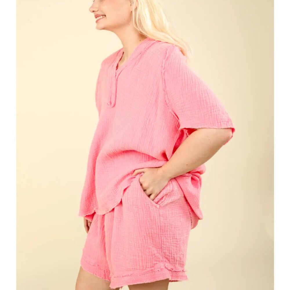 NWT  Plus Size matching top and short set CottonWashed Cotton Crinkle Gauze